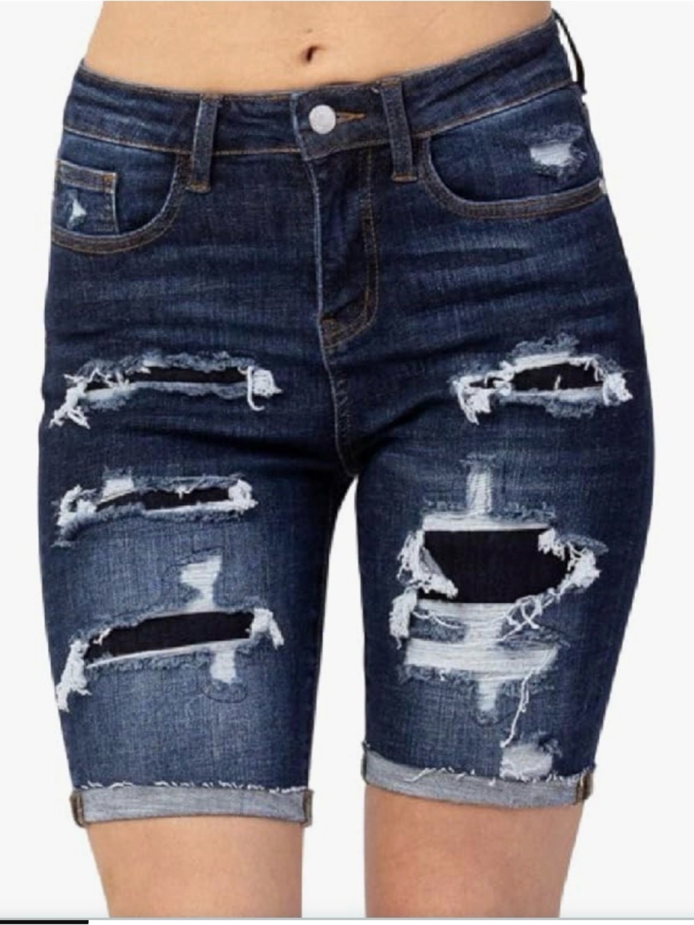 Judy Blue Patch Destroyed Bermuda 5 Pocket Stretch Jean Shorts S